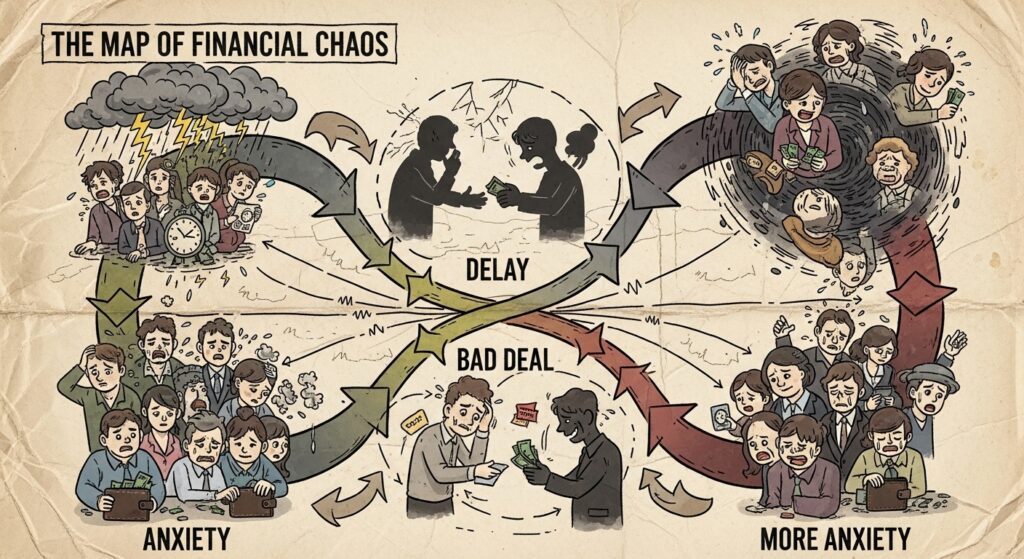 [visual mapa do caos financeiro – ansiedade → atraso → acordo ruim → mais ansiedade]