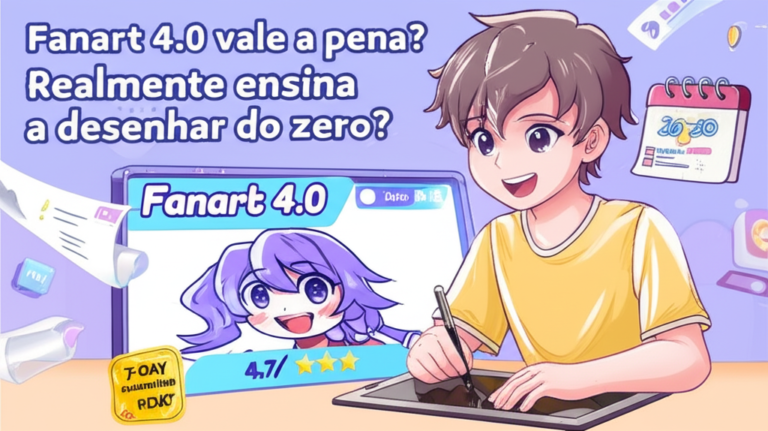 Ilustração de um jovem artista usando tablet para desenhar anime, com elementos que representam o curso Fanart 4.0: logo, avaliação 4.7/5, preço R$147, garantia de 7 dias, prática diária de 20‑30 minutos, ícones de Discord e Instagram e certificado.
