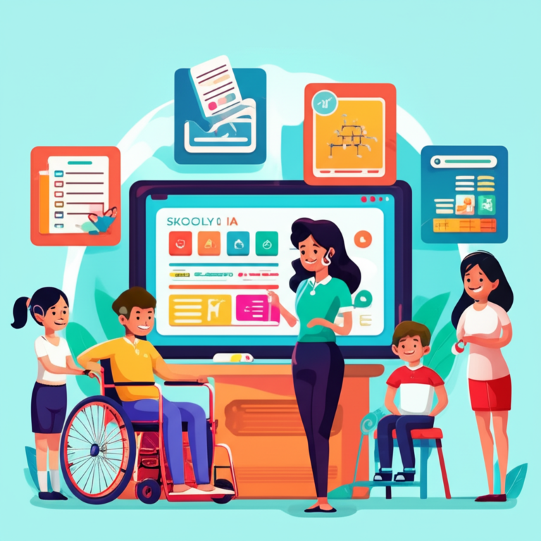 Ilustração de professora usando a plataforma Skooly IA em tablet, com ícones de planos de aula, provas, atividades inclusivas e alinhamento BNCC, rodeada por estudantes diversos.