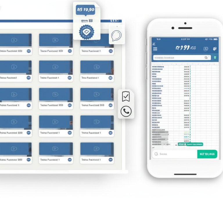 Interface of a functional training platform showing 500 video thumbnails, weekly schedule spreadsheet and WhatsApp support icon.