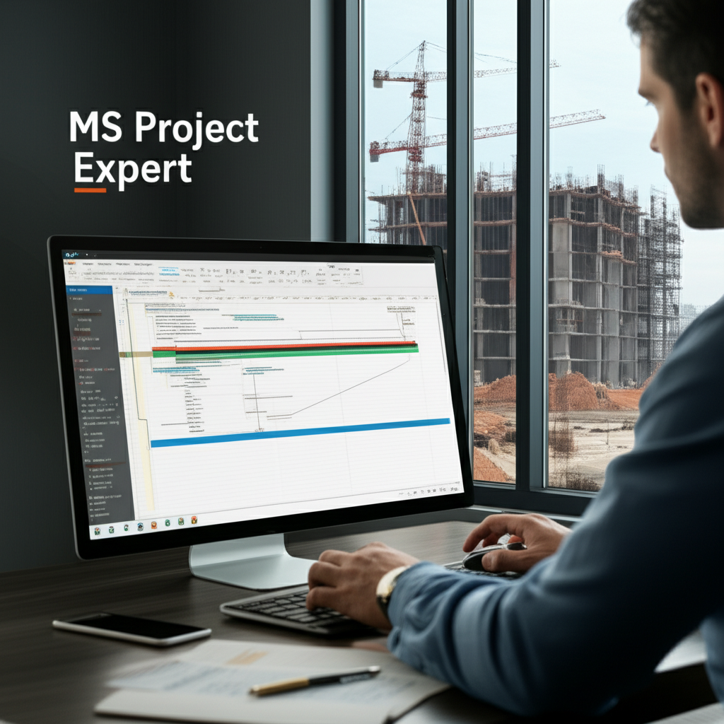Engenheiro de obras usando Microsoft Project em um desktop, exibindo cronograma Gantt, EAP e planilhas de cálculo, com canteiro de obras ao fundo.