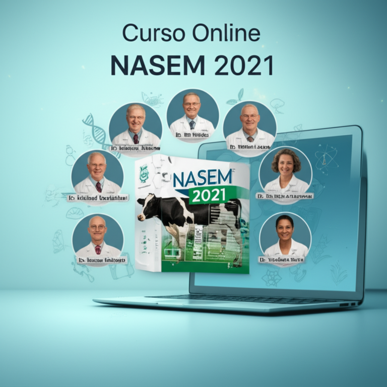 Ilustração do Curso Online NASEM 2021 mostrando especialistas, vaca leiteira e gráficos nutricionais em tela de plataforma de ensino.