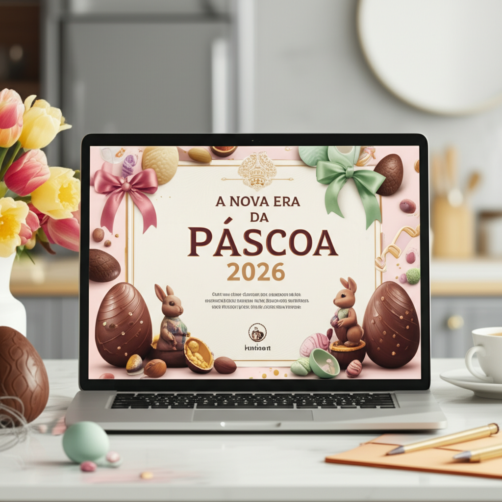 Certificado digital do curso "A Nova Era da Páscoa 2026" ao lado de ovos de chocolate e elementos de Páscoa.