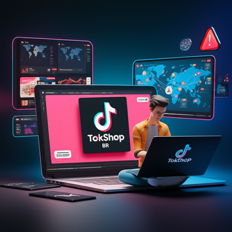 Jovem empreendedor usando TokShop BR com TikTok Ads, gráficos de performance e ícones de automação, simbolizando dropshipping e risco de bloqueio de contas.