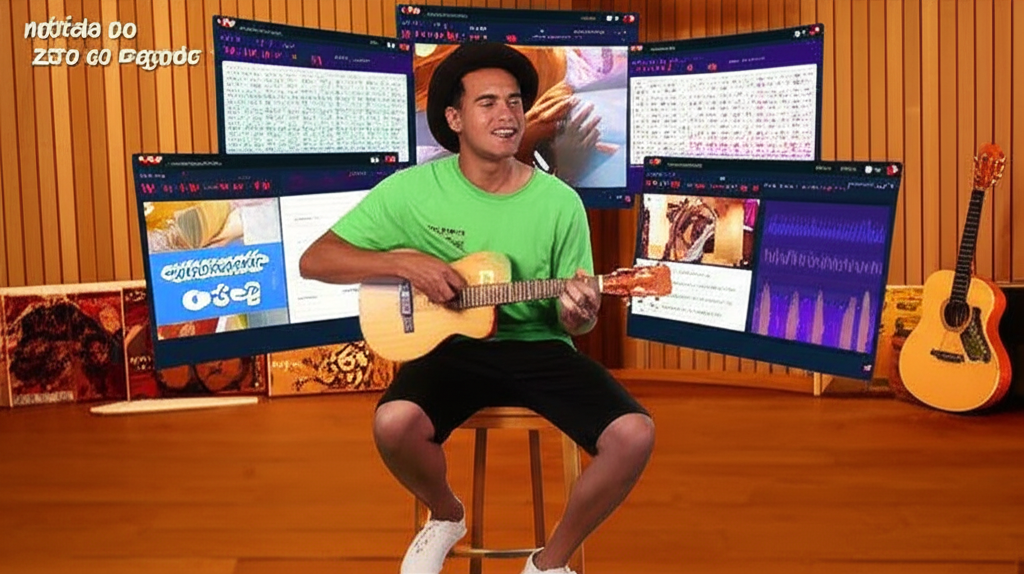 Jovem músico praticando cavaquinho com foco em levada rítmica, cercado por telas que mostram vídeos multi‑ângulo e PDFs de acordes, representando o método "Do Zero ao Pagode".