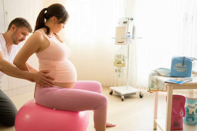 Gestante praticando exercícios de fisioterapia obstétrica com bola suíça, apoiada pelo parceiro, em ambiente de parto humanizado.