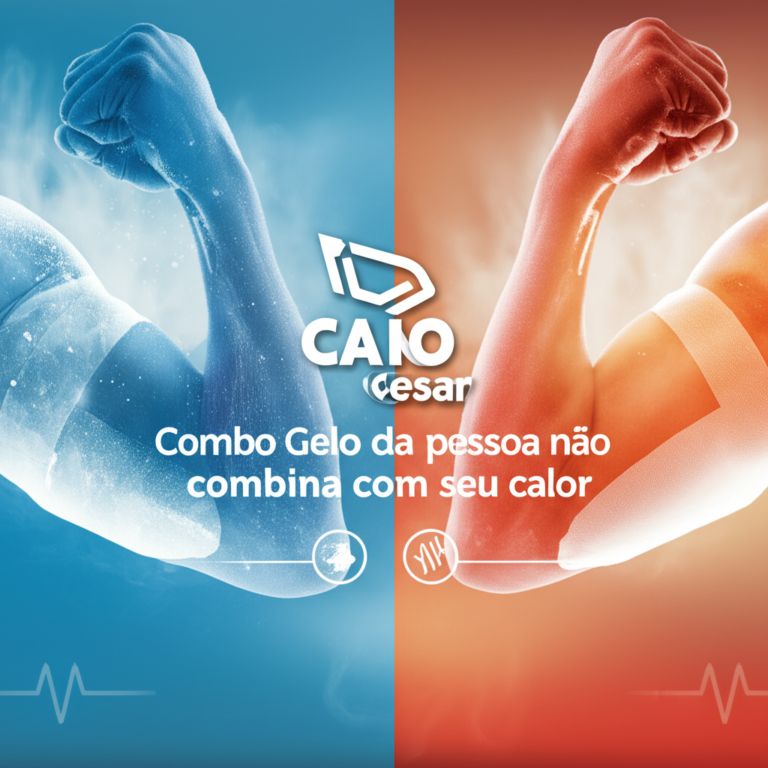 Ilustração dividida mostrando gelo e calor aplicados ao mesmo braço, representando o combo de crioterapia e termoterapia do guia de Caio César.