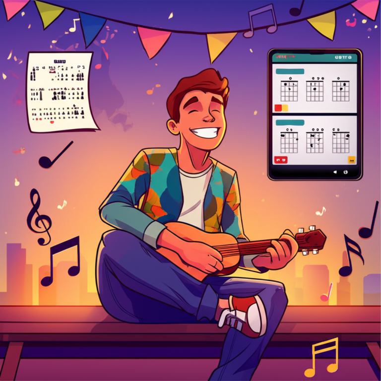 Estudante tocando cavaquinho em roda de pagode, com notas musicais, PDF de acordes e tablet exibindo vídeo da metodologia Do Zero ao Pagode.