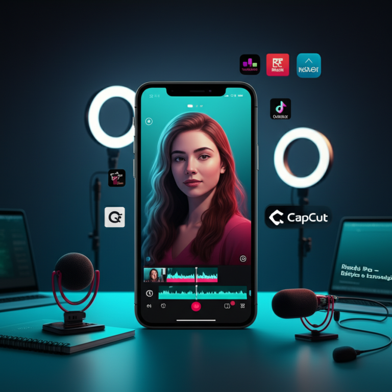 Ilustração de smartphone exibindo edição de Reels com timeline, ícones de CapCut, InShot, ring light e microfone, representando o curso Reels Pro.