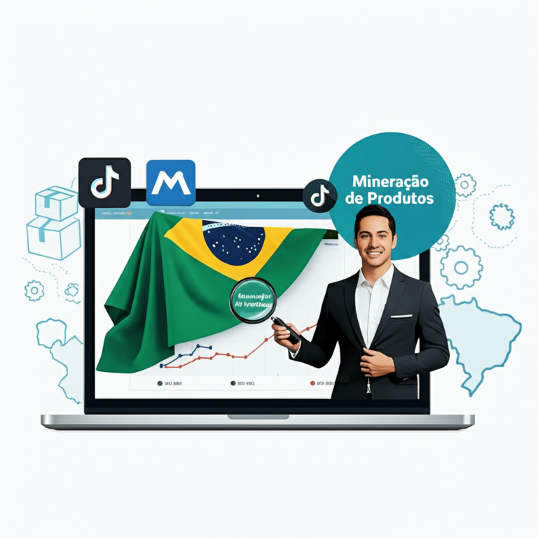 Ilustração de laptop com dashboard de e‑commerce, gráficos de vendas, ícones de TikTok e Meta, bandeira do Brasil e a silhueta de Caio Ferreira apontando para uma lupa de mineração de produtos.
