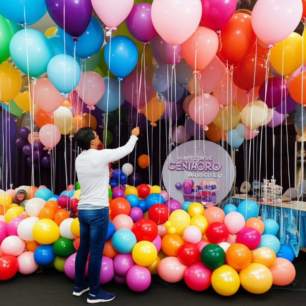 Professional balloon scenography workshop with large, colorful balloon structures and engineered frames.