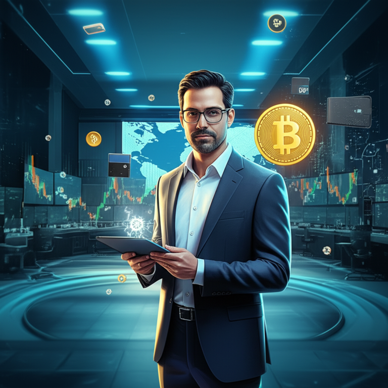 Augusto Backes apresentando o curso Mestres do Bitcoin 3.0 com gráficos de candlestick, símbolo do Bitcoin e elementos de blockchain.