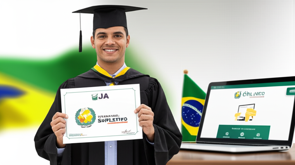 Adult graduado em EJA Supletivo Óliver segurando o diploma, usando beca, com laptop ao fundo mostrando a plataforma online.
