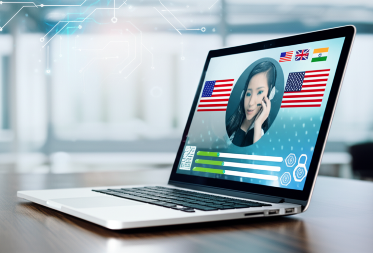 Tela do SpeakAI Inglês Fácil com análise de voz em tempo real, simuladores de situações reais e ícones de diferentes sotaques.