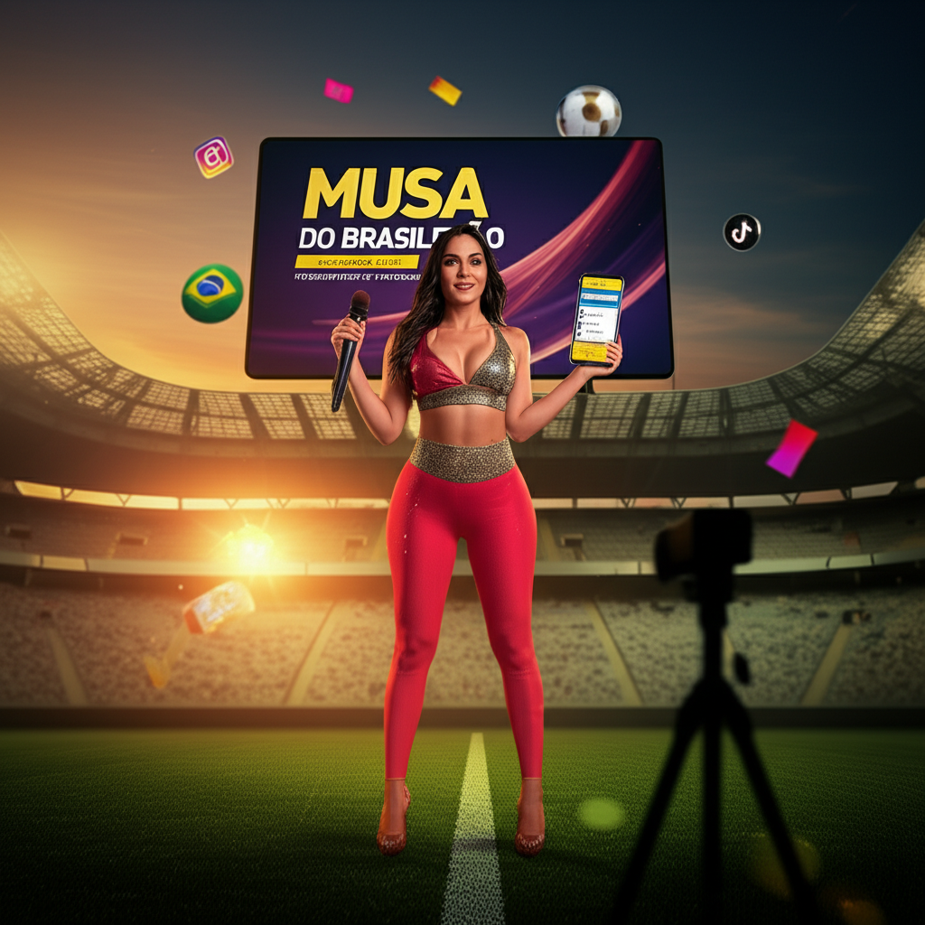 Jovem mulher confiante vestida com roupa de time, no centro de um estádio de futebol brasileiro, segurando microfone e smartphone, ao fundo painel digital com o logo "Musa do Brasileirão" e ícones de redes sociais.