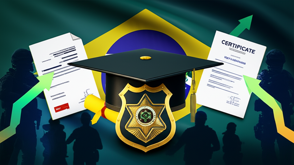 Gestão Segurança Óliver 1 Imagem que combina distintivo policial, chapéu de formatura e certificados, representando o curso Gestão em Segurança Pública e Privada do Instituto Óliver.