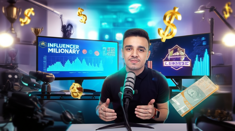 Influencer masculino em estúdio moderno com monitores mostrando gráficos de crescimento no YouTube, dinheiro e símbolos de ouro, representando o curso Influencer Milionário LEGACY.