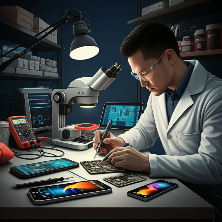 Técnico profissional realizando micro‑soldagem em placa de celular, rodeado por ferramentas e equipamentos de manutenção avançada.