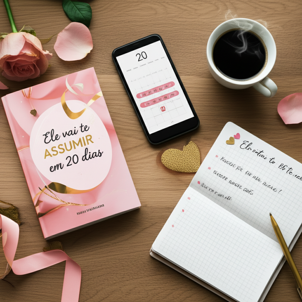 Capa do ebook 'Ele vai te ASSUMIR em 20 dias' ao lado de itens de estudo e calendário de 20 dias