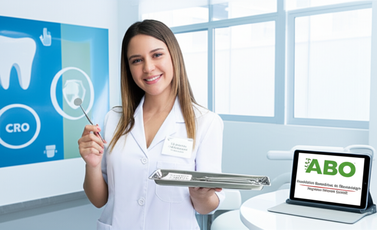 Jovem auxiliar de saúde bucal em clínica odontológica, segurando espelho dental e instrumentos esterilizados, com tablet mostrando a marca da ABO Montes Claros.