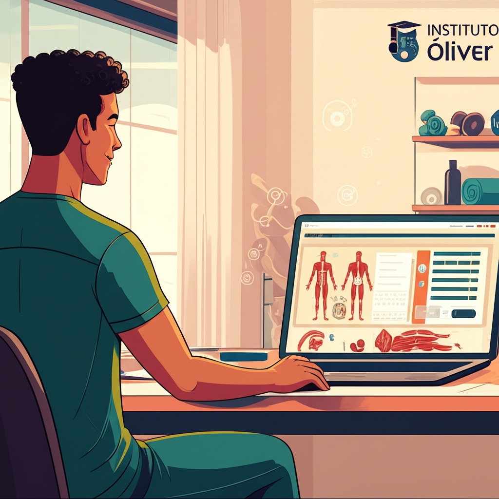 Estudante de Educação Física EAD do Instituto Óliver assistindo aula virtual de fisiologia do exercício em casa.