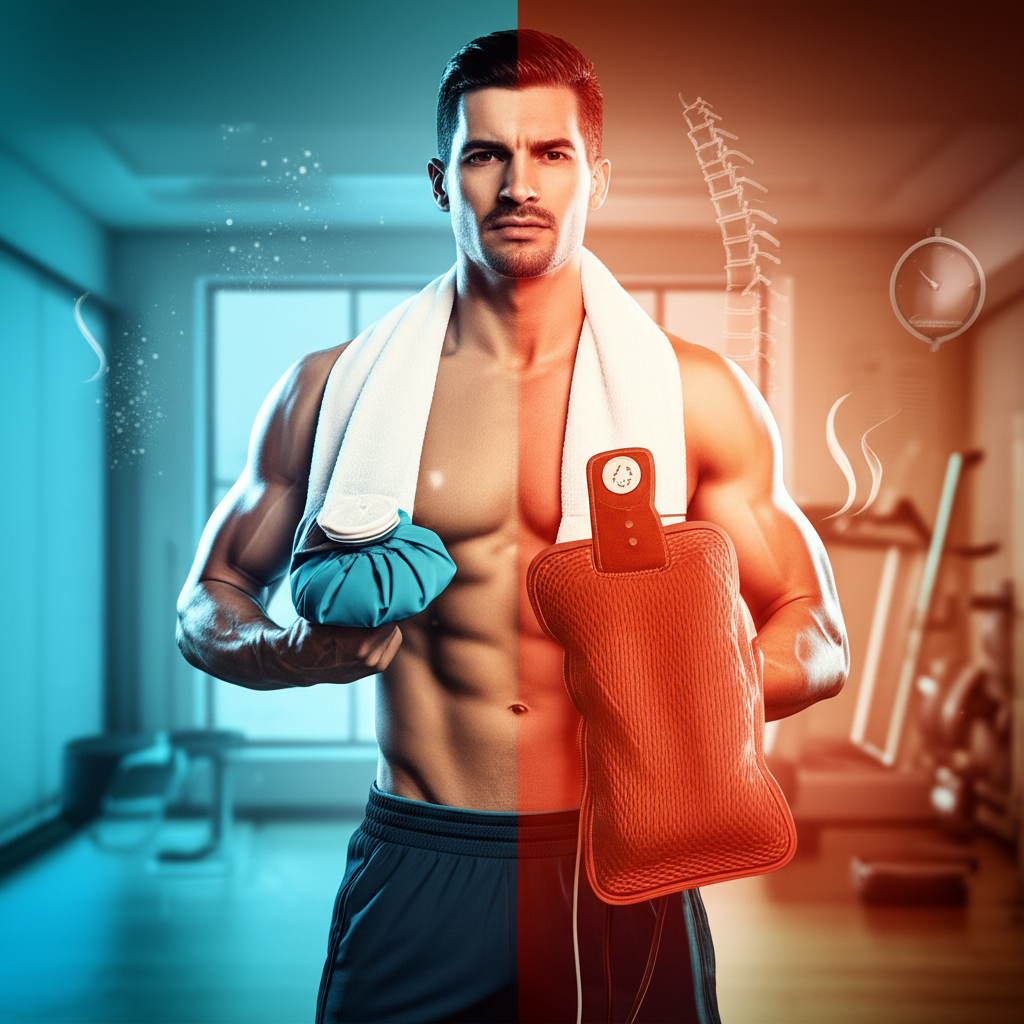 Caio Cesar holding an ice pack and a heating pad, illustrating the contrast between cryotherapy and thermotherapy for recovery.