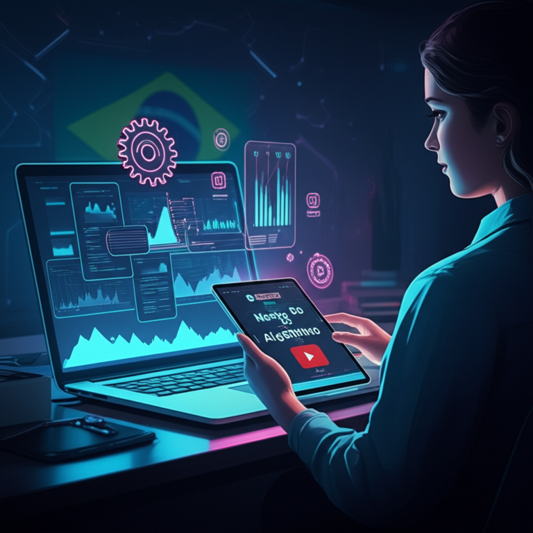 Ilustração digital de um profissional analisando métricas de Instagram, TikTok e YouTube Shorts com ícones de algoritmo e ferramentas de automação, representando o curso Mestre do Algoritmo.