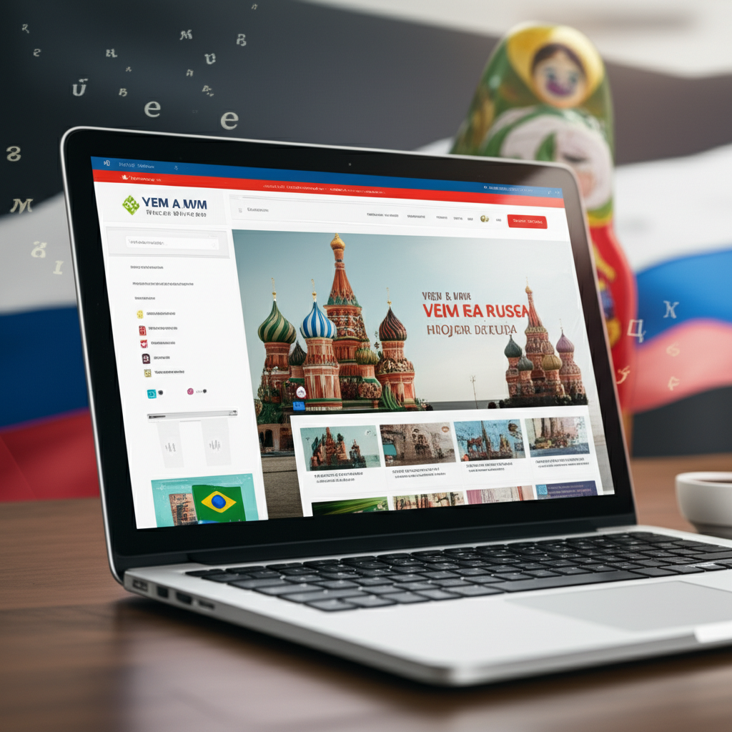 Interface do curso online Vem a Mim Língua Russa com elementos culturais russos e brasileiros, mostrando vídeo, PDF e áudio de aprendizado.