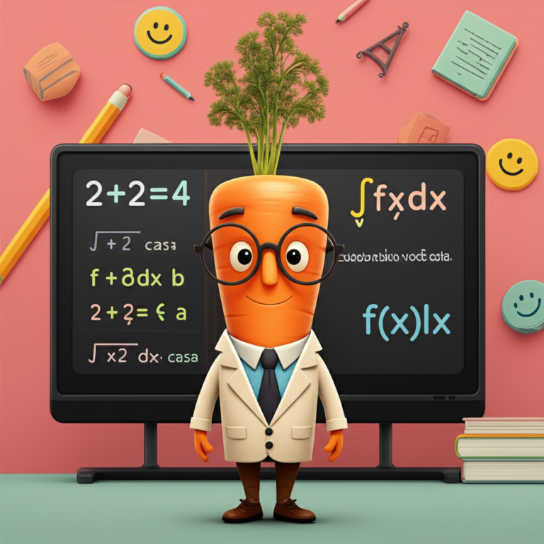 Professor Cenoura, o professor cenoura sorridente, ensinando matemática e português de forma divertida.