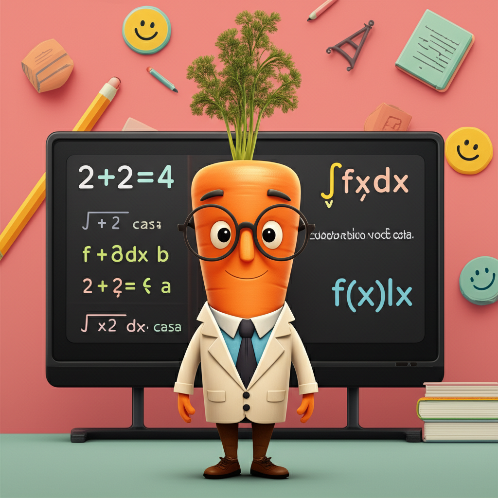Professor Cenoura, o professor cenoura sorridente, ensinando matemática e português de forma divertida.