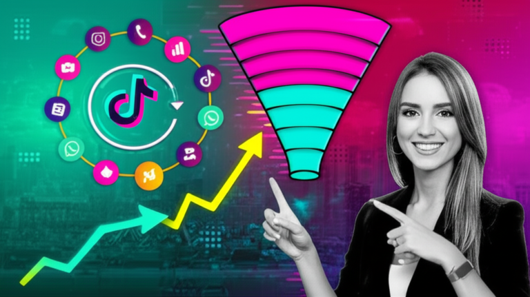 Ilustração colorida do Sistema Viral de Andréa Mazeto com ícones de Instagram, TikTok, WhatsApp, funil de vendas em ascensão e empreendedora apontando para o gráfico.