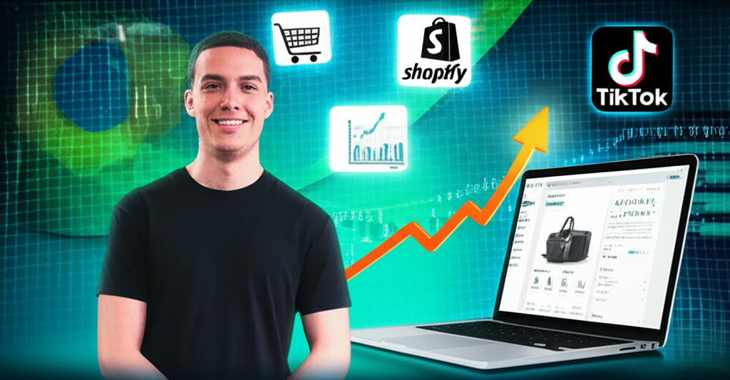 Ilustração de Caio Ferreira com símbolos de algoritmo, e‑commerce e dropshipping nacional, representando o curso Mestres do Algoritmo.