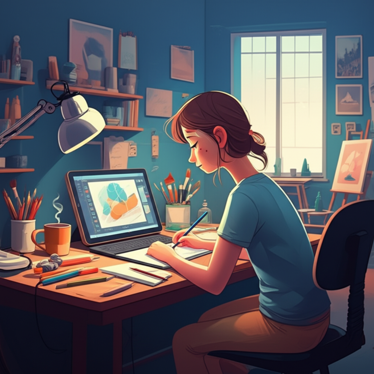 Ilustração de artista transformando seu hobby de desenho em profissão, com materiais de arte e ambiente que evolui de um cantinho caseiro para um estúdio profissional.