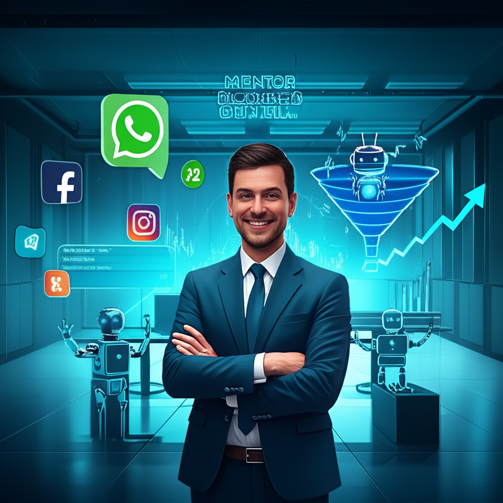 Illustration of Mentor Borges presenting an automated sales funnel with WhatsApp and Meta ads integration.