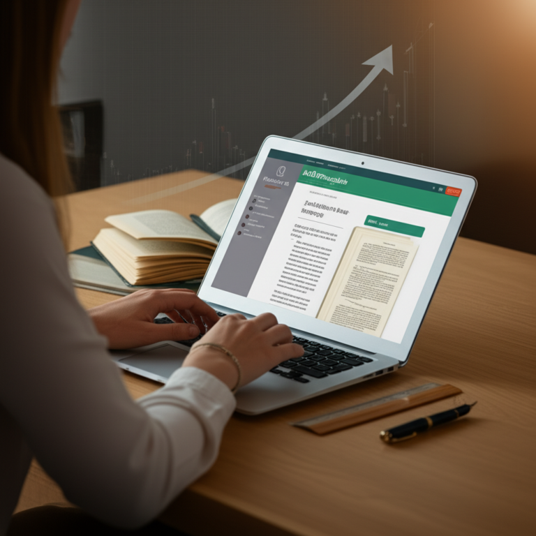 Profissional estudando a Academia de Português no laptop, rodeado por livros de gramática e um gráfico de ROI ao fundo.