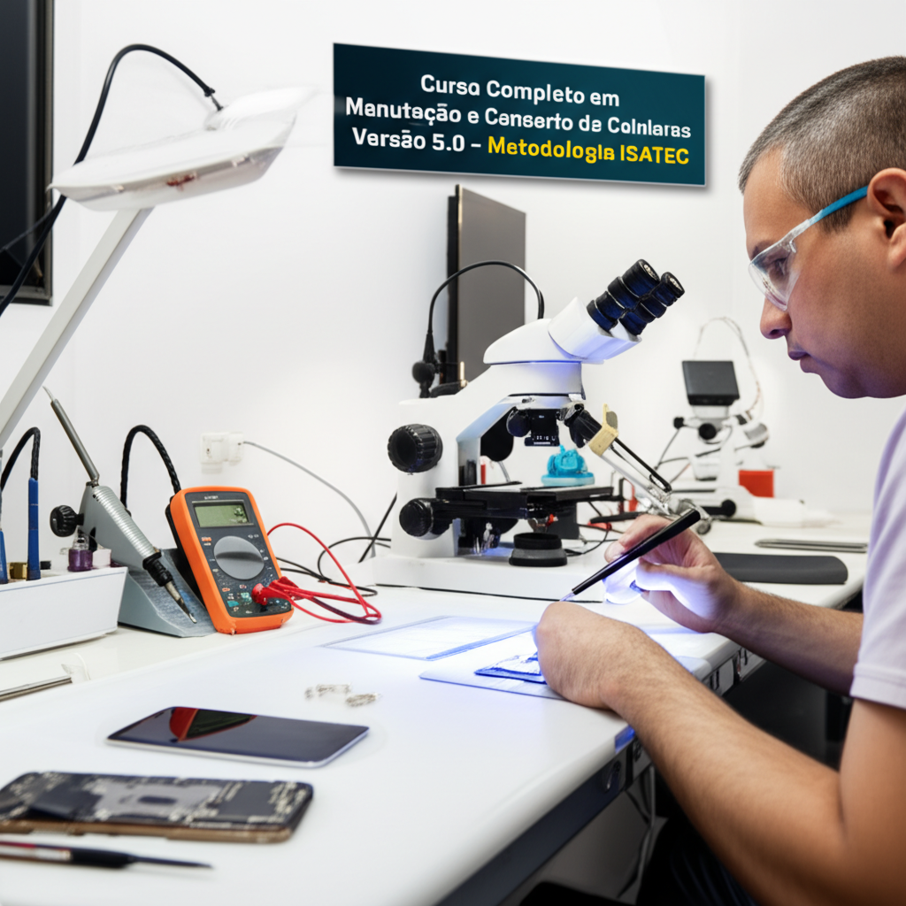 Técnico realizando manutenção avançada de celular em bancada profissional, com ferramentas de solda, microscópio e equipamento de troca de vidro OCA/UV, ao fundo banner do Curso Completo em Manutenção e Conserto de Celulares 5.0.