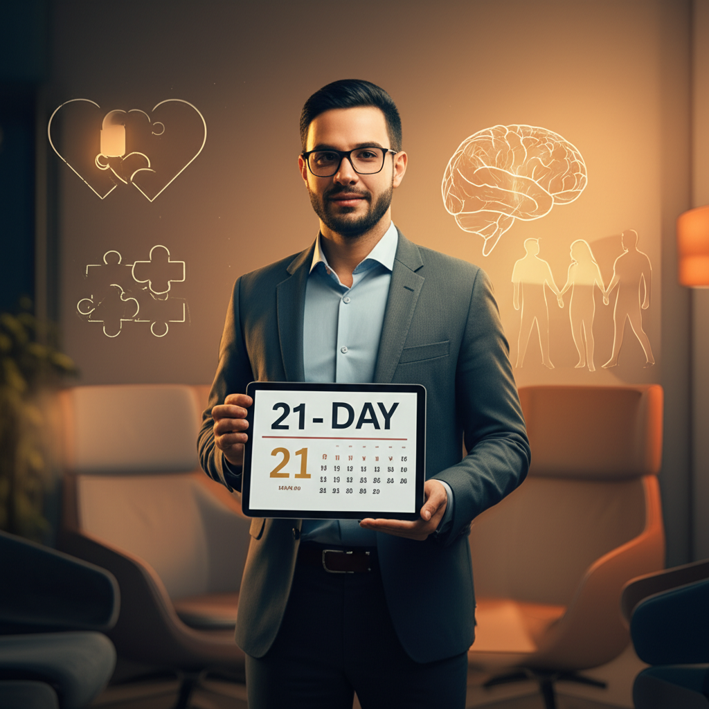 Psicólogo Mateus José em ambiente de terapia, segurando tablet com calendário de 21 dias, símbolos de apego ao fundo.