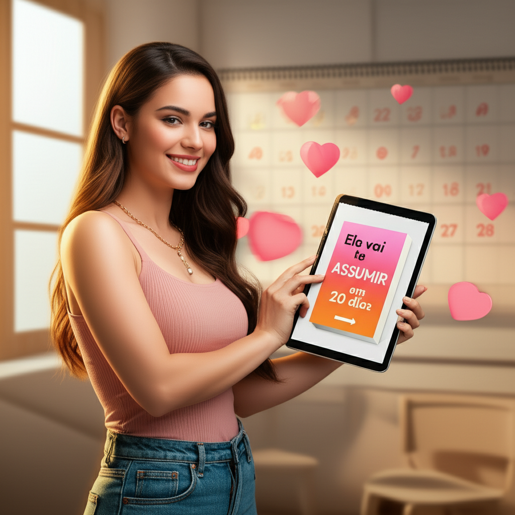 Jovem segurando tablet com a capa do ebook 'Ele vai te ASSUMIR em 20 dias' ao lado de um calendário com 20 dias destacados, simbolizando o método de 20 dias para conquistar um relacionamento.