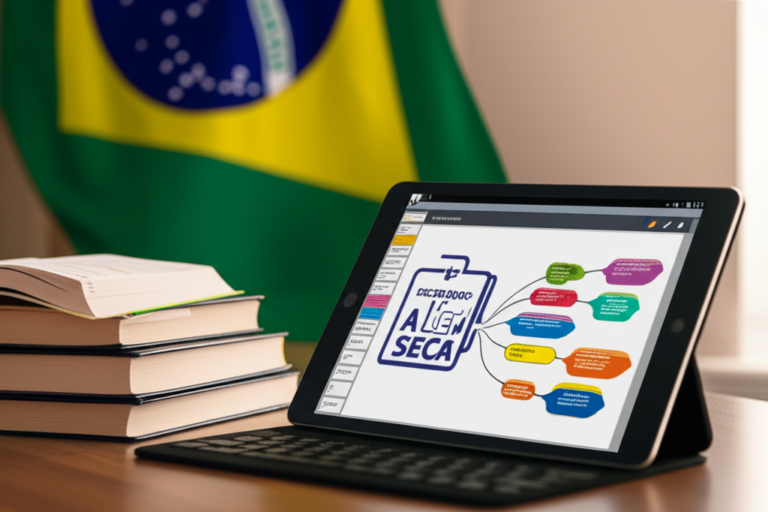Mesa de estudo moderna com Vade‑Mecum, livros de direito e tablet exibindo mapas mentais da Lei Seca e logo do Decorando a Lei Seca.