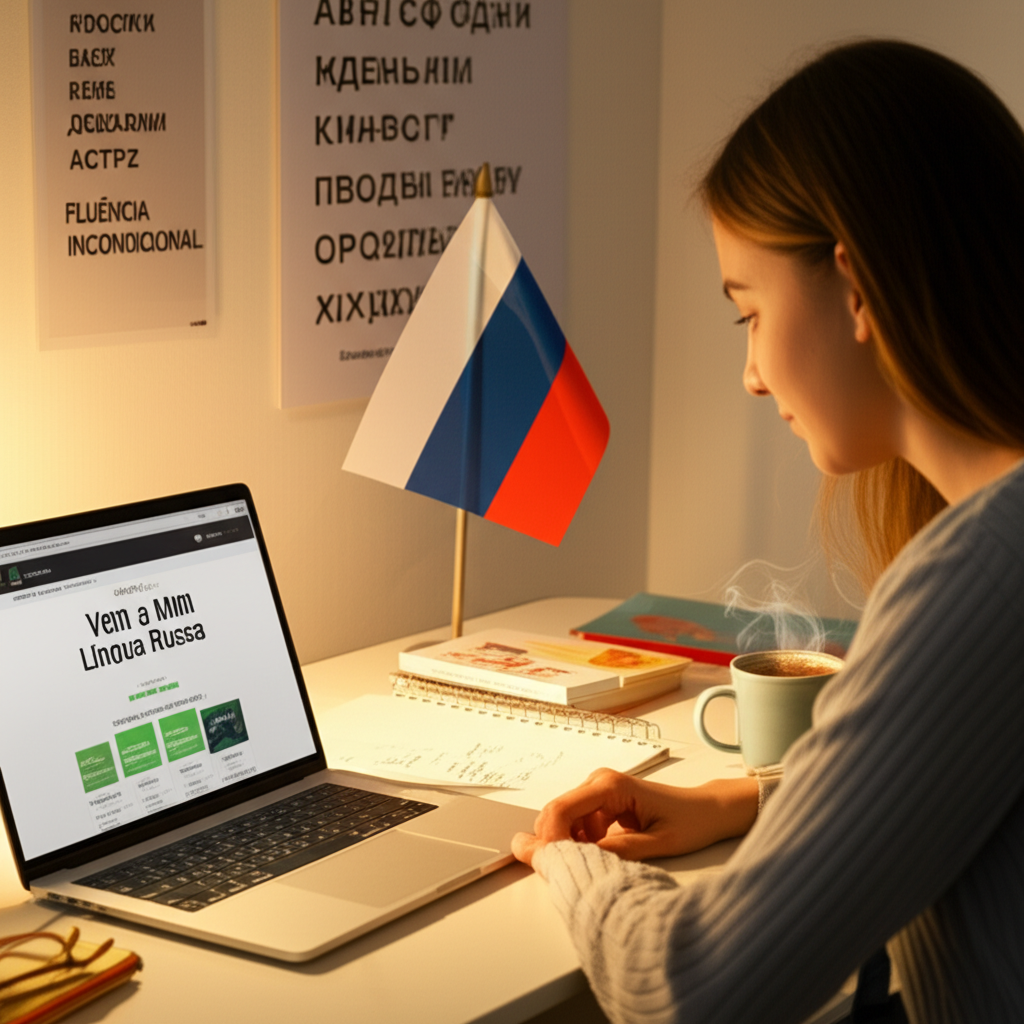 Vem a Mim Língua Russa: Vale a pena? O detalhe crucial que o Google não te mostra 1 Estudante brasileiro estudando russo com o curso Vem a Mim Língua Russa, rodeado de livros, alfabeto cirílico e bandeira da Rússia.