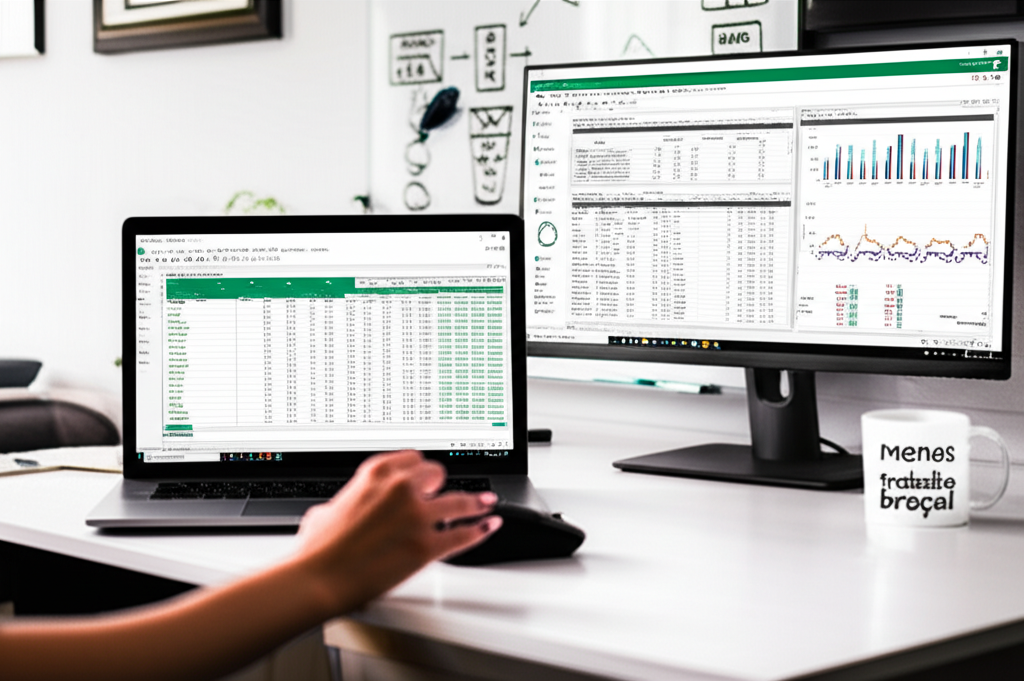 Profissional trabalhando em laptop com planilha Excel avançada e dashboard interativo do Power BI, simbolizando a integração das duas ferramentas.