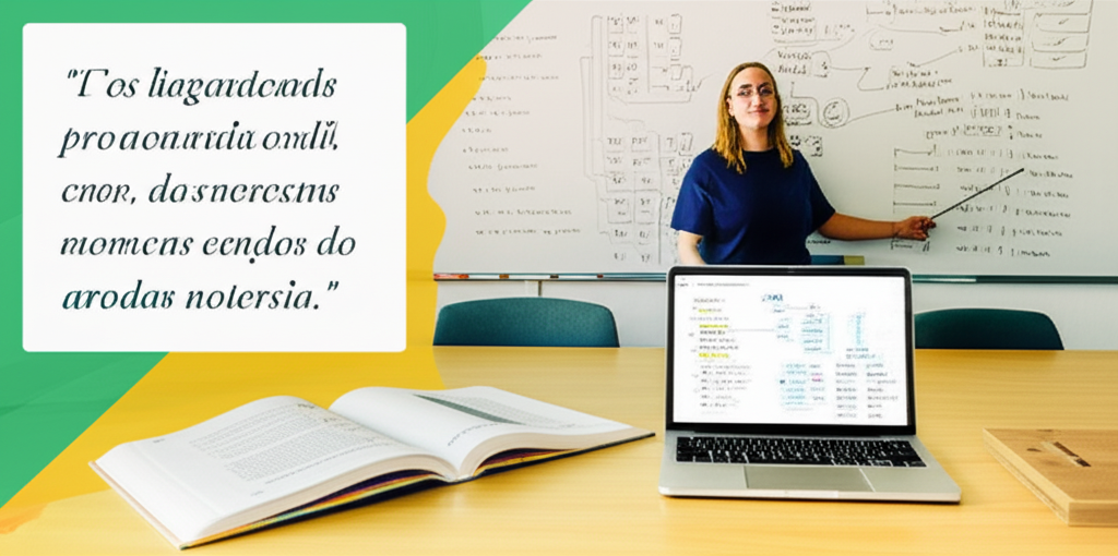 Sala de estudo moderna com professor explicando sintaxe portuguesa em quadro branco, livros de gramática e laptop aberto.