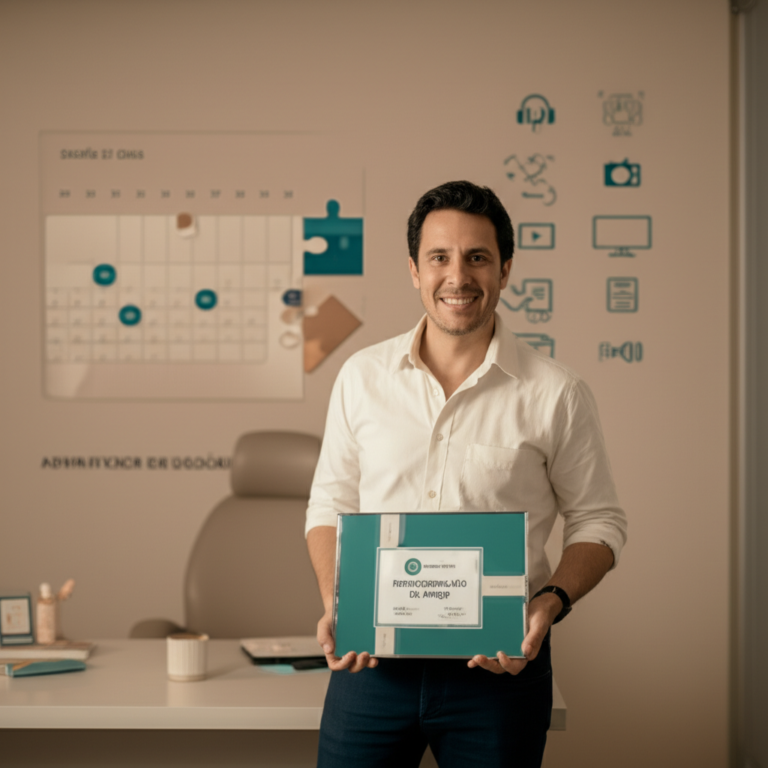 Psicólogo Mateus José segurando o certificado do Desafio 21 Dias – Reprogramação de Apego, com elementos visuais de calendário, teoria do apego e ícones de vídeo, PDF e áudio ao fundo.