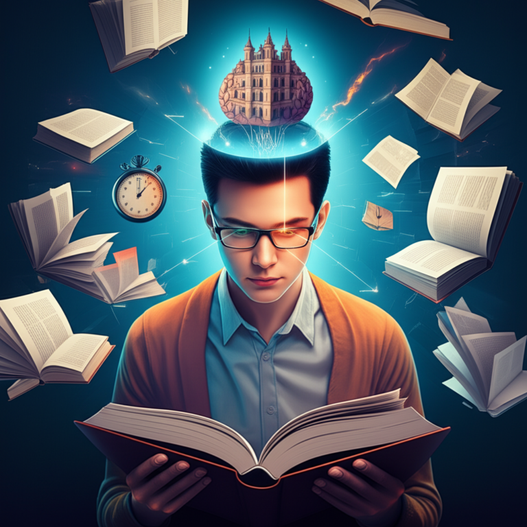 Ilustração de pessoa praticando leitura dinâmica com livros flutuantes, linhas de velocidade e neurônios, representando o Guia Metaleitura.