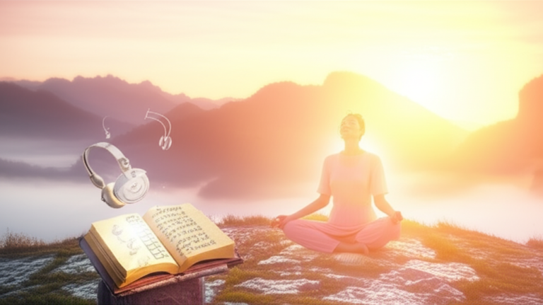 Pessoa meditando ao nascer do sol, com livro antigo iluminado e símbolos bíblicos, representando a fusão da metafísica de Neville Goddard com a prática da imaginação criativa.