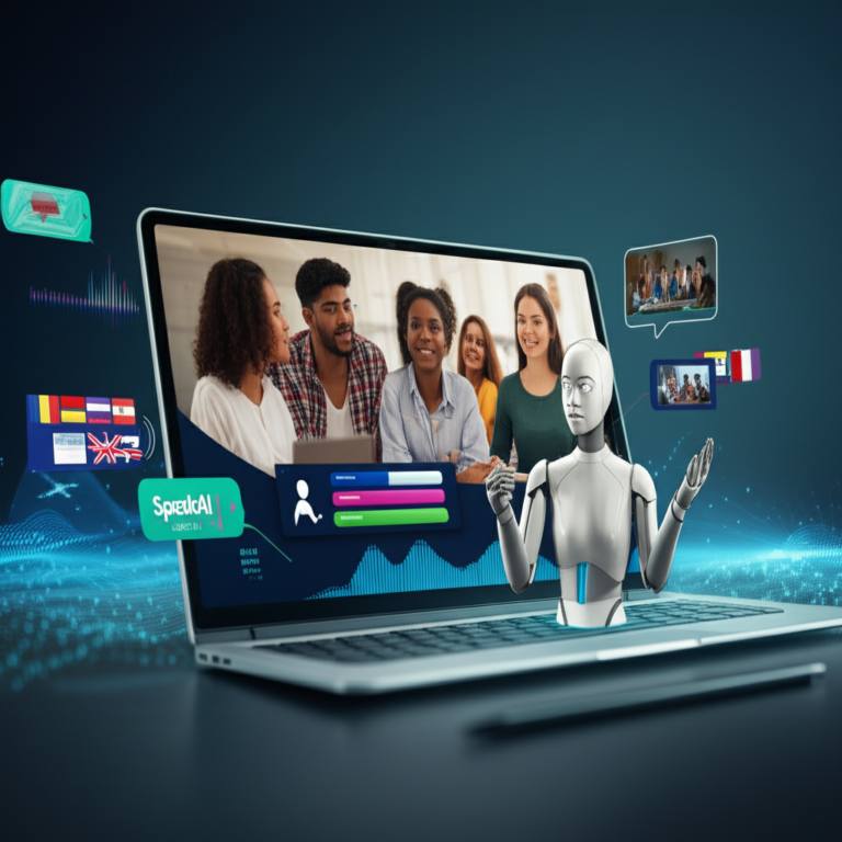 Interface gamificada do SpeakAI Inglês Fácil com avatar de IA, espectrograma de voz e usuários praticando conversação em inglês.