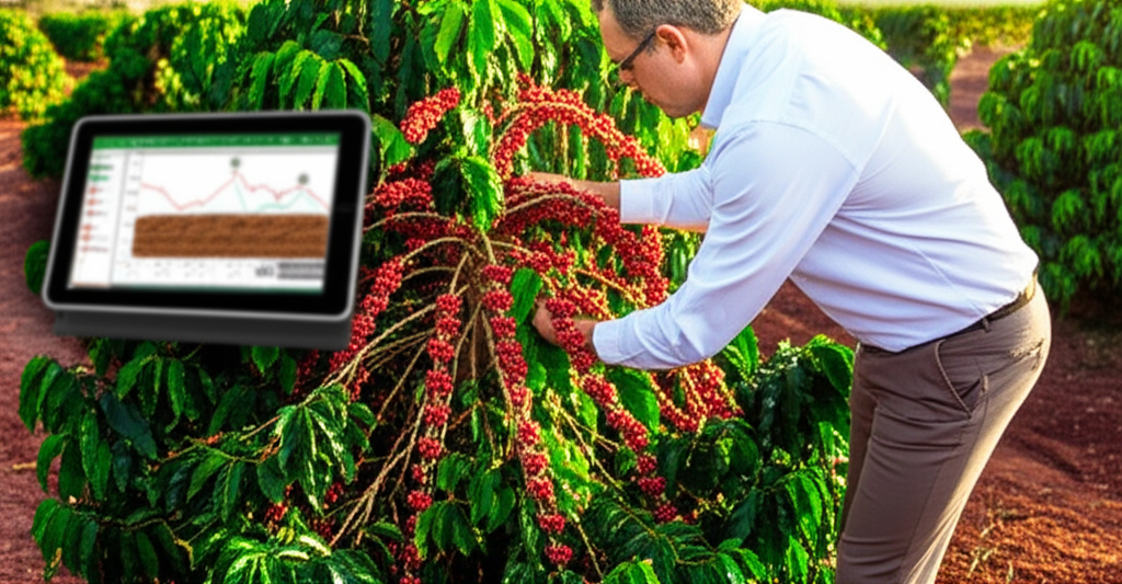 Agrônomo avaliando lavoura de café de alta produtividade com grãos maduros e saudáveis, utilizando um tablet para análise de dados de adubação precisa.