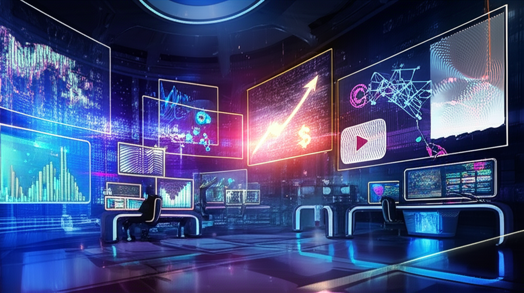 Ilustração futurista de um estúdio de YouTube automatizado por inteligência artificial, com fluxos de dados algorítmicos brilhantes e elementos de monetização em dólar, simbolizando o método 'Mestres do Algoritmo' de Caio Ferreira para criar canais faceless.