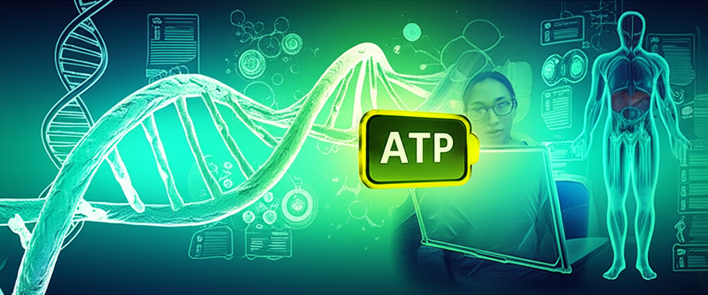 Ilustração de estudante estudando biologia com DNA, anatomia humana, células vegetais e ícone de ATP energizado, representando o curso BIOATP.