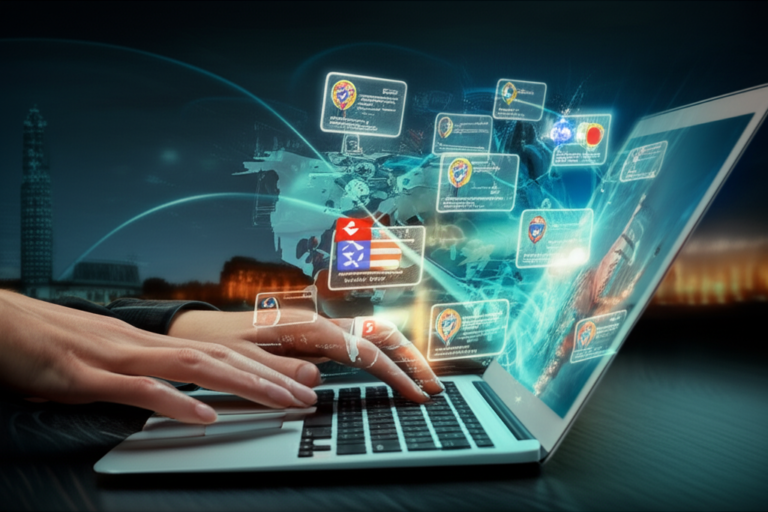 Digital artwork de mãos em um laptop exibindo certificações internacionais de psicanálise em um mapa-múndi, contrastando o reconhecimento global com símbolos nacionais.